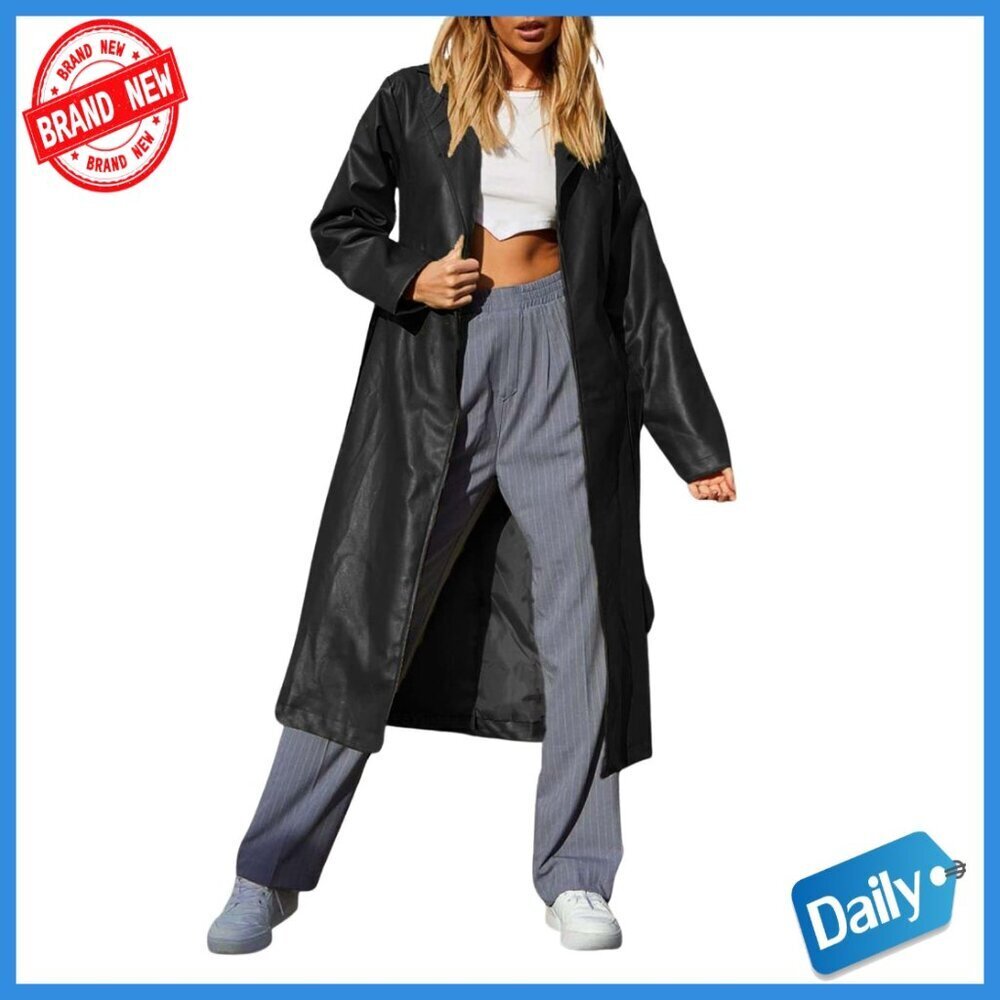 Women's Faux Leather Trench Coat with Belt, Lapel Collar, Long Sleeve